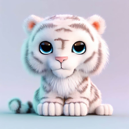 3D Illustration of a Cute White Tiger with Blue Eyesの素材