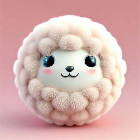 Cute fluffy sheep toy on pink background. 3D illustration.の素材