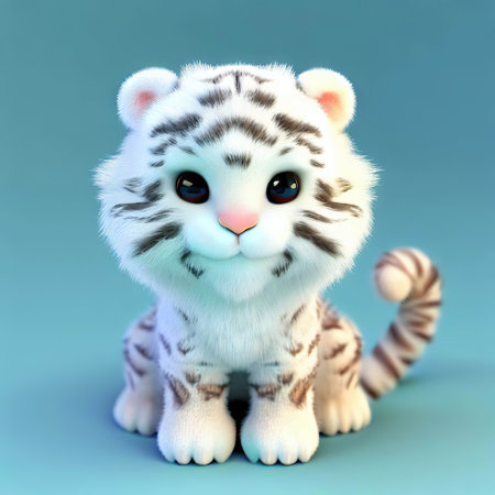 Cute white tiger on a blue background. 3D rendering.の素材