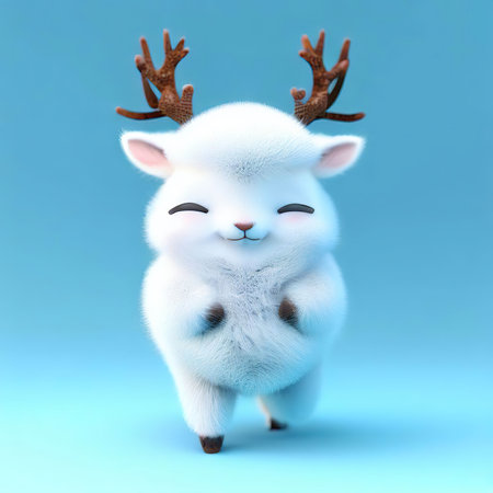 3d rendering of a cute cartoon reindeer character on blue backgroundの素材