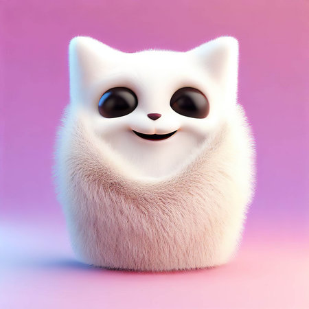 Funny white cat on a pink background. 3d illustration.の素材