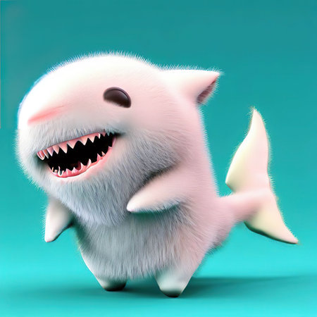 3D Illustration of a white cartoon shark with big teeth.の素材