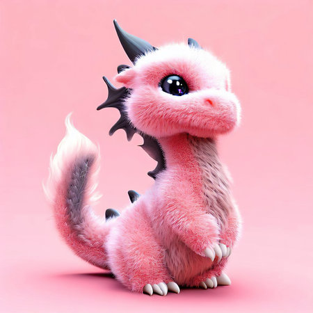 Fairytale pink dragon isolated on pink background. 3D illustration.の素材