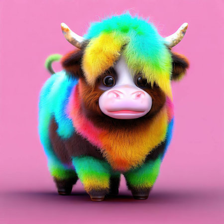 3d illustration of a cute bull in a colorful wig on a pink backgroundの素材