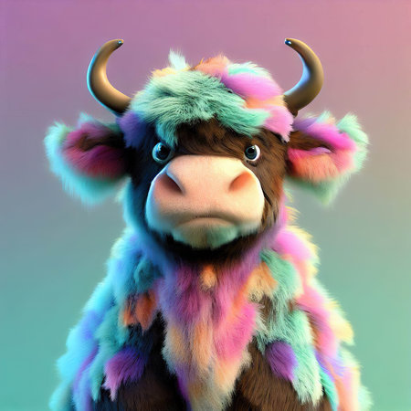 Fairytale bull with horns on a colorful background. 3d renderingの素材