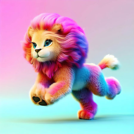 3d illustration of a cute little lion on a colorful background.の素材
