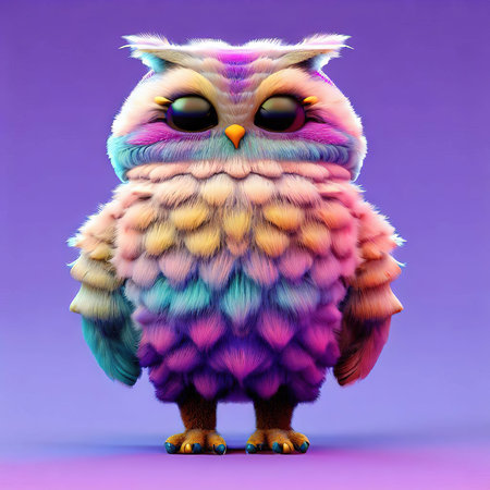 Funny owl with big eyes on a purple background. 3d renderingの素材