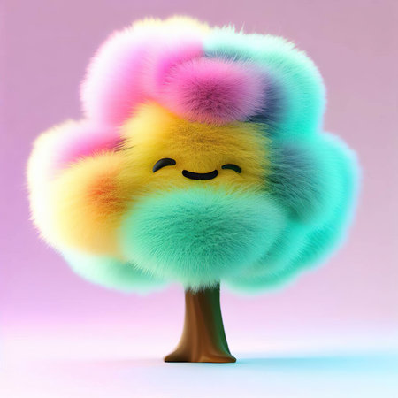 3D Illustration of a Colorful Cotton Tree with Smiling Faceの素材