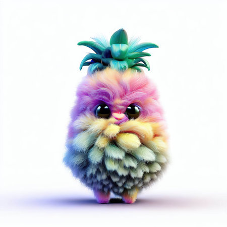 Funny fluffy chick with pineapple hair isolated on white background. 3d illustrationの素材