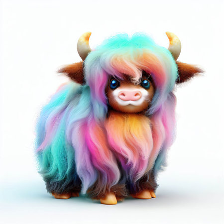 Funny toy bull with colorful hair. Isolated on white background.の素材