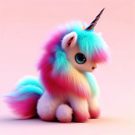 Cute fluffy unicorn isolated on pink background. 3d illustration.の素材