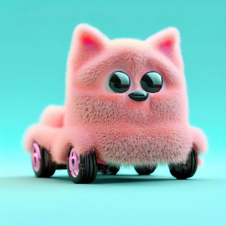 Cute pink cat on wheels on blue background. 3d renderingの素材