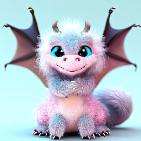 3D rendering of a cute fantasy dragon isolated on blue background.の素材