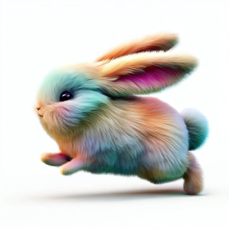 3d rendering of a cute little rabbit running isolated on white backgroundの素材