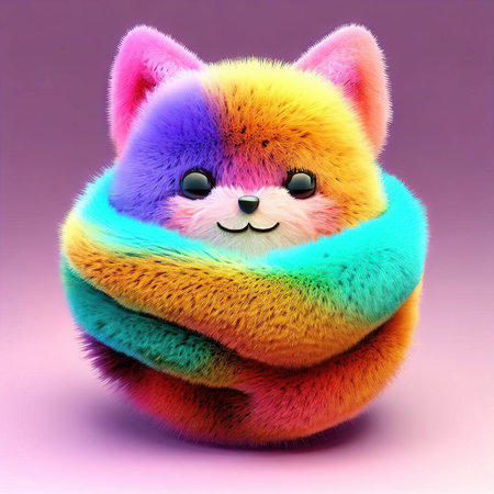 Cute fox in a colorful scarf on a pink background, 3d renderの素材