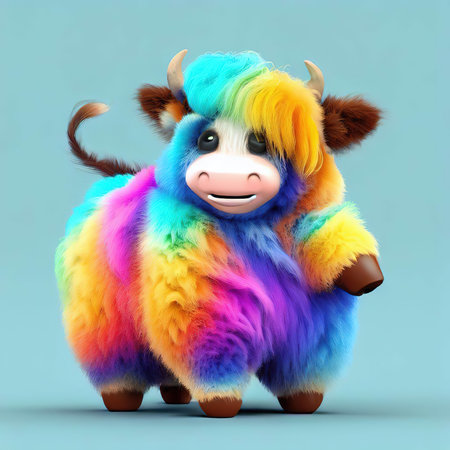 Cute cartoon bull in a colorful wig. 3D illustration.の素材