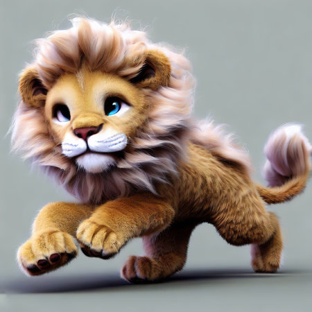 3d rendering of a cute cartoon lion isolated on gray background.の素材