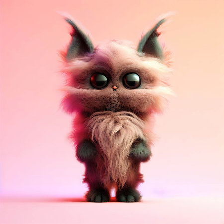 Funny fluffy cat with eyes on pink background. 3d renderingの素材