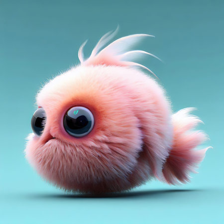 Cute pink cat on a blue background. 3d rendering.の素材