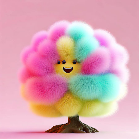 Cute fluffy duck made of colorful fluffy wool on a pink backgroundの素材