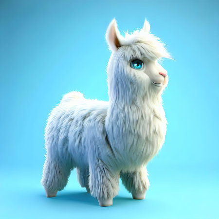 White alpaca with blue eyes on blue background. 3d renderingの素材