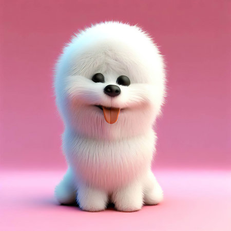 Cute little Samoyed puppy with tongue out on pink backgroundの素材