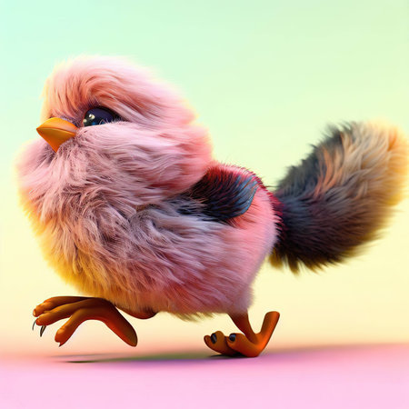 Cute little chick on a colorful background, 3d illustration.の素材