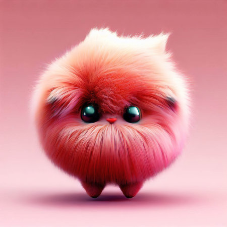 Cute little furry chick with green eyes on a pink background.の素材
