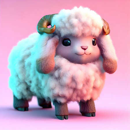 Cute cartoon sheep with big horns on a pink background. 3d renderingの素材