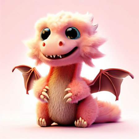 Funny cartoon dragon isolated on pink background. 3D rendering.の素材