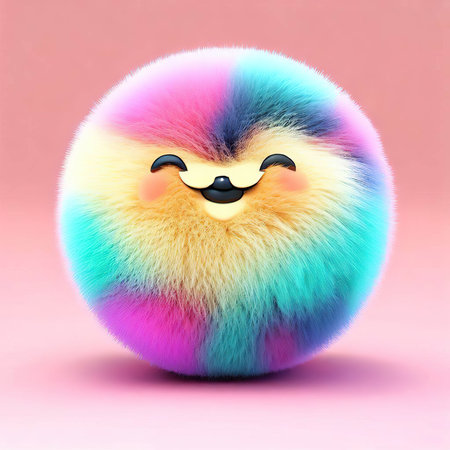 Funny fluffy chick on a pink background. 3d illustration.の素材