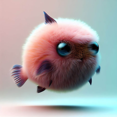 3D illustration of a cute little fish on a blue background.の素材