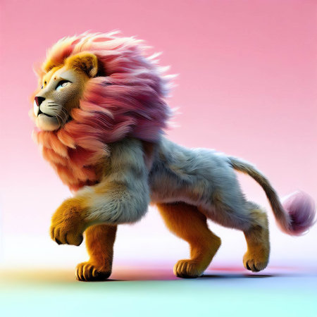 Funny lion on a pink background. 3d illustration. Vintage style.の素材