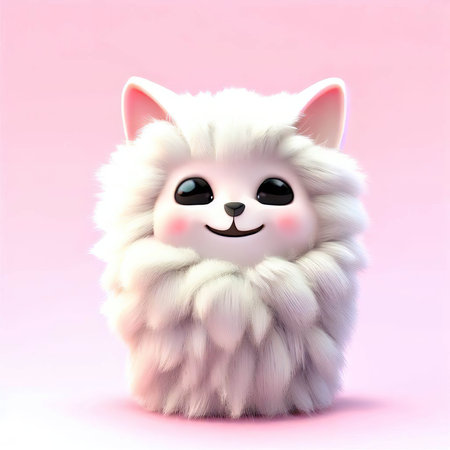 White fluffy cat on a pink background. 3d rendering. Computer digital drawing.の素材