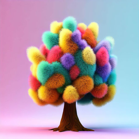 Multicolored tree on a pink background. 3d illustration.の素材