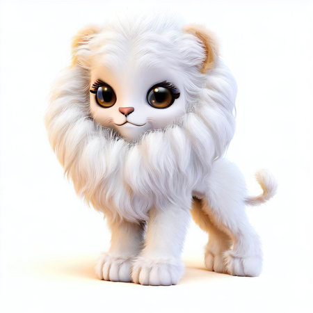 Cute white lion doll isolated on white background. 3D rendering.の素材