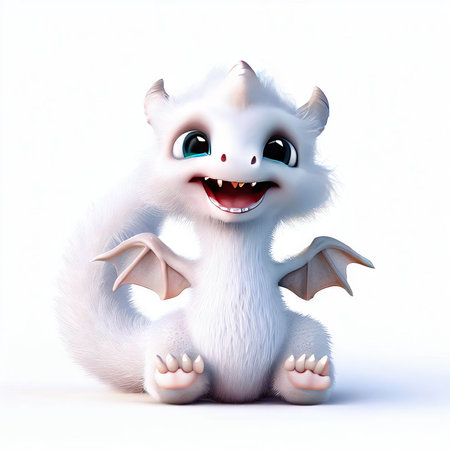 3D rendering of a cute little white dragon isolated on white backgroundの素材