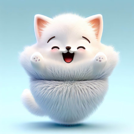 Cute white fluffy dog on blue background. 3D rendering.の素材