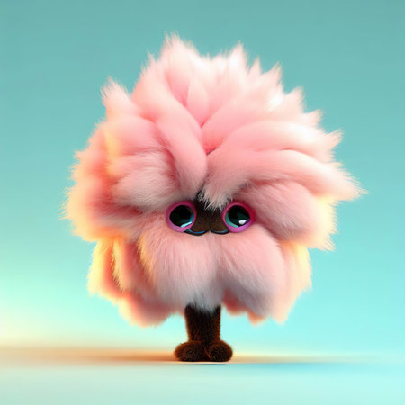 Funny pink fluffy owl with blue eyes on blue background. 3d illustrationの素材