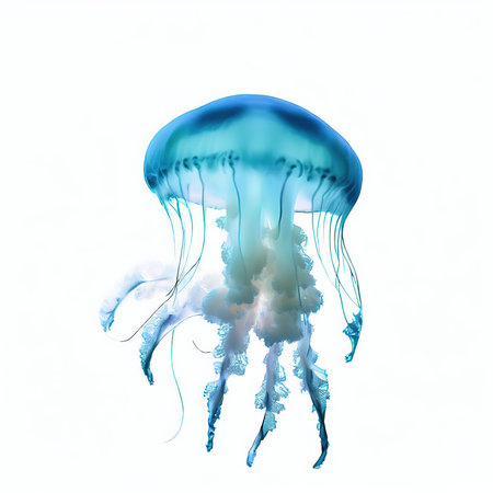 Blue jellyfish isolated on white background. 3d render illustration.の素材