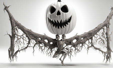 Halloween pumpkin and skeleton on white background. 3D illustration.の素材