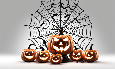 Halloween pumpkins with cobwebs and spiders 3d renderの素材