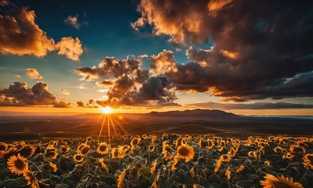 Sunflower field at sunset. Dramatic sky. Beauty world.の素材