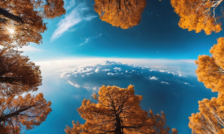 Aerial view of clouds and blue sky with pine trees. 3d renderingの素材