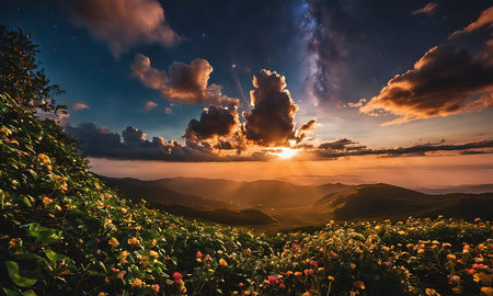 Beautiful sunset in the mountains. Colorful flowers on the hill.の素材
