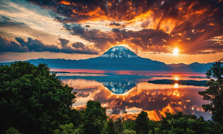Mount Fuji reflected in Kawaguchiko lake at sunset, Japan.の素材