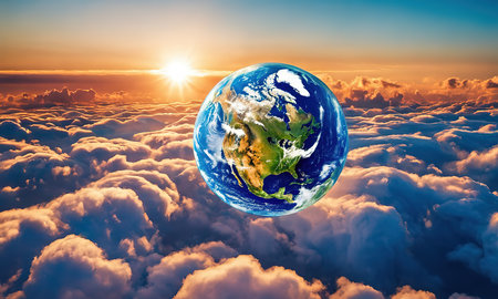 Earth planet in the clouds at sunset. 3D illustration. Elements of this image furnished by NASAの素材