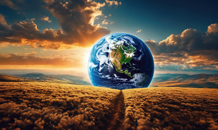 Earth planet on the background of a beautiful landscape. 3d renderingの素材