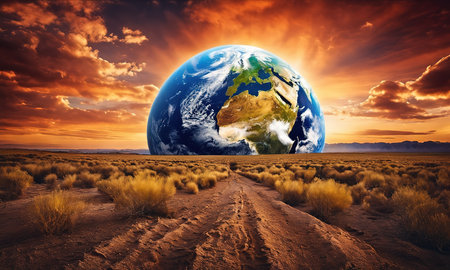 Earth planet on a dirt road in the desert with beautiful sunset.の素材