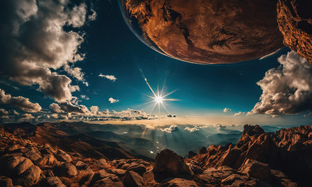 Fantasy landscape with planet and clouds. Elements of this image furnished by NASAの素材